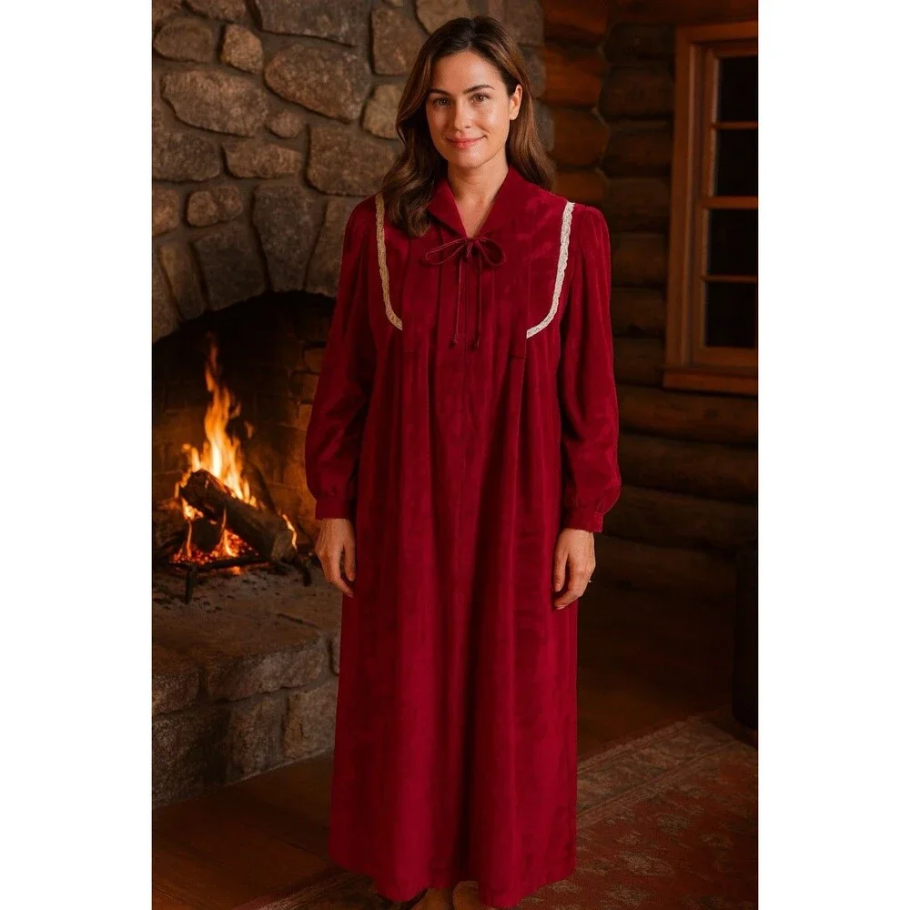Women’s 80s Prairie‎ Red Velvet Cottagecore Boho Victorian Maxi Nightgown Sz Med